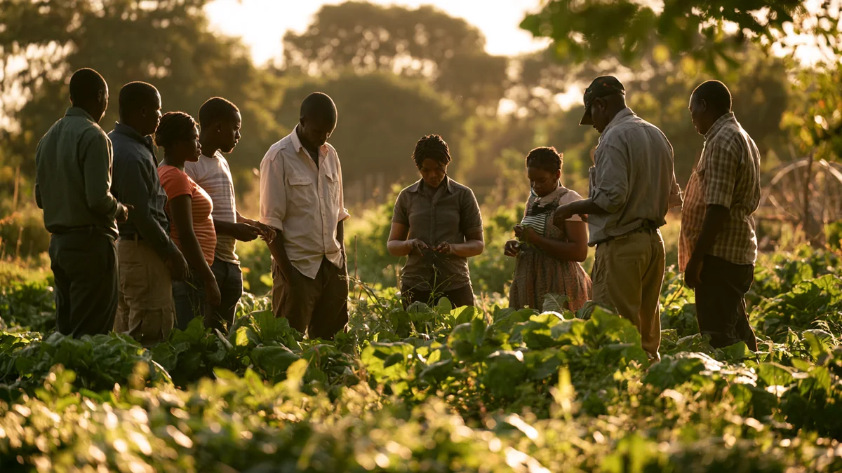 Community members and a project facilitator examining crops together in a field at a community agricultural development project