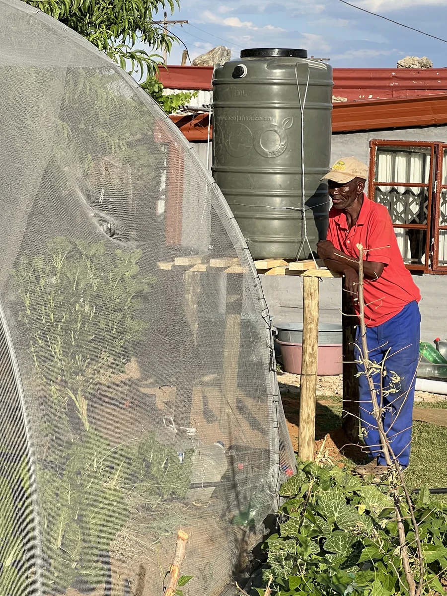 Climate-smart home food garden with a shade tunnel and rainwater harvesting tank in a South African community